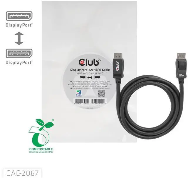 Alt view image 2 of 7 - Club3D CAC-2067 VESA Certified DisplayPort to DisplayPort 1.4/Hbr3 M/M Cable DP 1.4 8K 60Hz 1m - 3,28ft