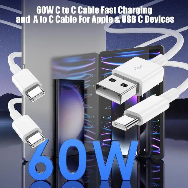 Alt view image 3 of 7 - Car Carplay Cable for iPhone 17 16 15, 2-Pack [3.3FT+6FT] 60W USB C to USB C Cable And 2-Pack [3.3FT+6FT] USB A to USB C Cable for iPhone 17 16 15for Galaxy S25 S24, for iPad, for MacBook and More