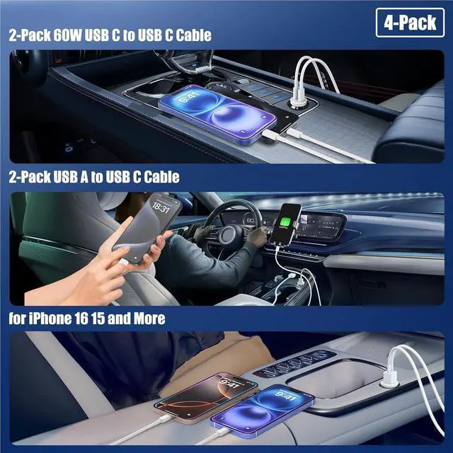 Alt view image 4 of 7 - Car Carplay Cable for iPhone 17 16 15, 2-Pack [3.3FT+6FT] 60W USB C to USB C Cable And 2-Pack [3.3FT+6FT] USB A to USB C Cable for iPhone 17 16 15for Galaxy S25 S24, for iPad, for MacBook and More