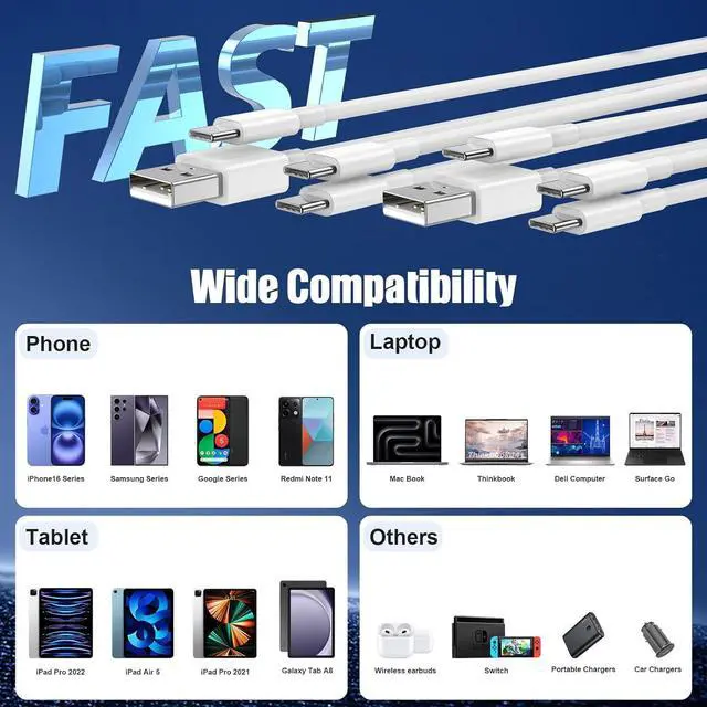 Alt view image 7 of 7 - Car Carplay Cable for iPhone 17 16 15, 2-Pack [3.3FT+6FT] 60W USB C to USB C Cable And 2-Pack [3.3FT+6FT] USB A to USB C Cable for iPhone 17 16 15for Galaxy S25 S24, for iPad, for MacBook and More