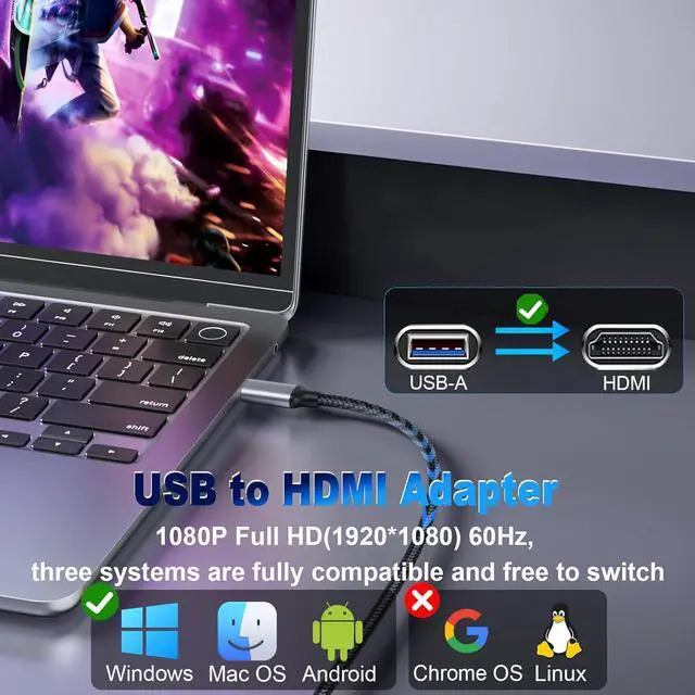 Alt view image 4 of 6 - USB to HDMI Adapter Cable 3FT, 1080P 60Hz USB A 3.0 to Audio/Video Converter Cable for Monitor, TV, Projector, Compatible with Mac OS Windows 7/8/10/11 - Requires Driver Installation