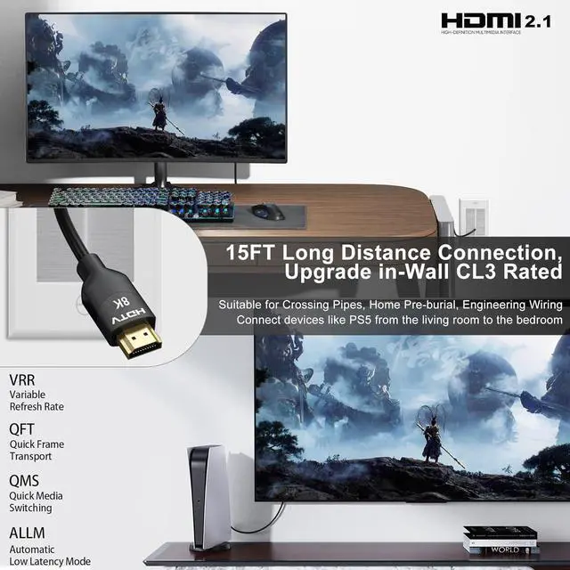 Alt view image 2 of 7 - 8K HDMI Cable 15 FT, In-Wall CL3 Rated HDMI 2.1 Cord, Support 8K@60Hz, 4K@120Hz, HDR10+, eARC, SBTM, VRR, QFT, ALLM, 3D, HDCP 2.3 for TV, Monitor, Computer, Laptop, PS5, Xbox, Projector, Soundbar