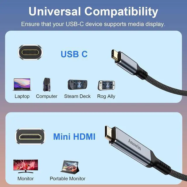 Alt view image 5 of 7 - USB C to Mini HDMI Cable 6FT (NOT HDMI), 4K@30Hz/2K@60Hz Type-C to Mini HDMI for MacBook, iPad Pro, iPhone 15, Galaxy S23, Steam Deck, ROG Ally, Laptop to Portable Monitor Cable