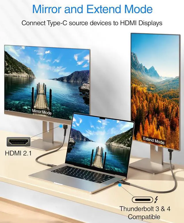 Alt view image 5 of 7 - BlueRigger 8K USB C to HDMI Cable (10FT, 8K 60Hz, Uni-Directional, 48Gbps, USB Type C 3.1, HDMI 2.1 Premium Braided Cord, USBC to HDMI)  Thunderbolt 3/4 Compatible with Phone, Laptop, Tablet