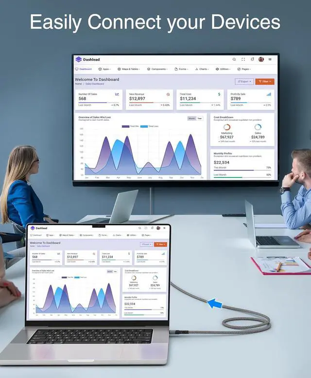 Alt view image 7 of 7 - BlueRigger 8K USB C to HDMI Cable (10FT, 8K 60Hz, Uni-Directional, 48Gbps, USB Type C 3.1, HDMI 2.1 Premium Braided Cord, USBC to HDMI)  Thunderbolt 3/4 Compatible with Phone, Laptop, Tablet
