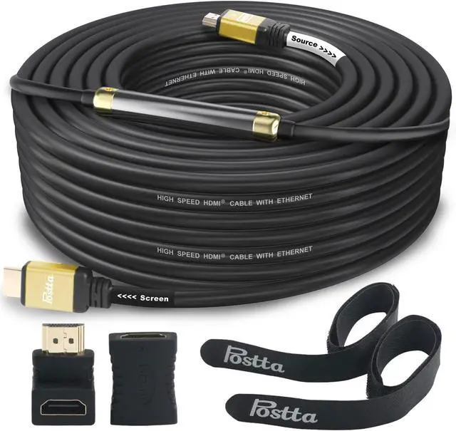 Main image of Postta HDMI Cable 75 Feet with Built-in Signal Booster HDMI 2.0V Cable with 2 Piece Cable Ties+2 Piece HDMI Adapters Support 3D,1080P,Ethernet,Audio Return-Gold