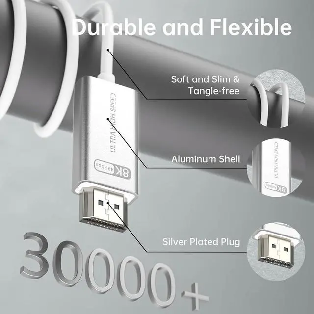Alt view image 3 of 6 - Fiber Optic HDMI 2.1 Cable 33ft-48Gbps Ultra High Speed,8K@60Hz 4K@120Hz,HDCP 2.3,Dynamic HDR-Compatible with RTX 4090,PS5, Box,Samsung TV,Projectors-Slim White HDMI Calbe