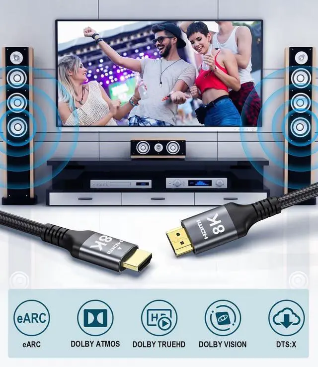 Alt view image 3 of 7 - 8K HDMI Cable 33 FT, HDMI to HDMI Cord with Ethernet CEC 4K 240Hz 165Hz 144Hz 120Hz 10K 8K 60Hz eARC eARC Netflix HDCP2.3 HDR10+ PC Laptop RTX5090 TV Monitor Projector X-Box PS5