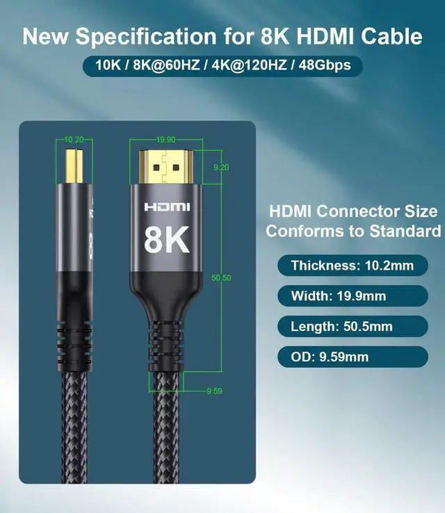 Alt view image 2 of 7 - 8K HDMI Cable 33 FT, HDMI to HDMI Cord with Ethernet CEC 4K 240Hz 165Hz 144Hz 120Hz 10K 8K 60Hz eARC eARC Netflix HDCP2.3 HDR10+ PC Laptop RTX5090 TV Monitor Projector X-Box PS5