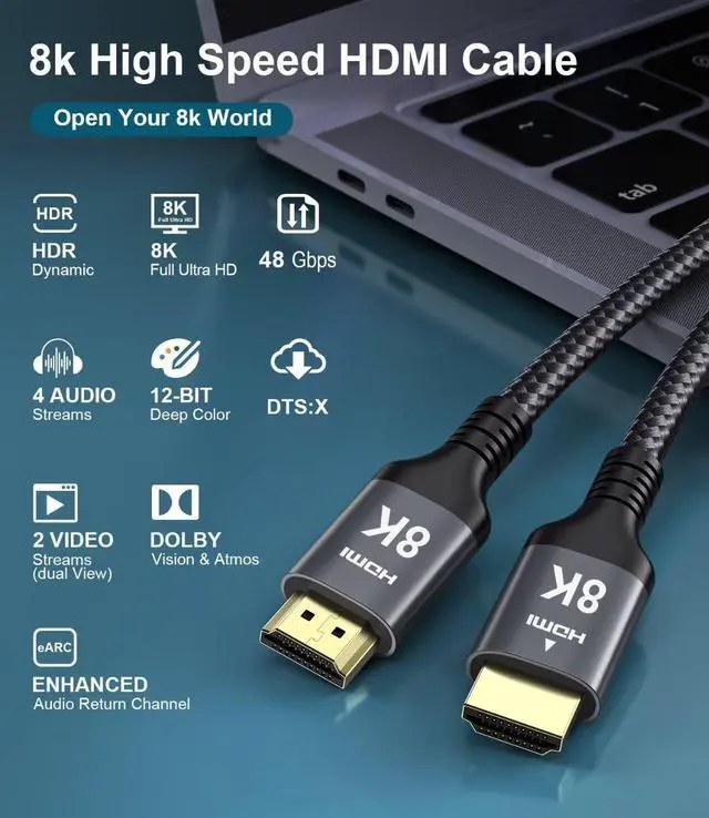 Alt view image 7 of 7 - 8K HDMI Cable 33 FT, HDMI to HDMI Cord with Ethernet CEC 4K 240Hz 165Hz 144Hz 120Hz 10K 8K 60Hz eARC eARC Netflix HDCP2.3 HDR10+ PC Laptop RTX5090 TV Monitor Projector X-Box PS5