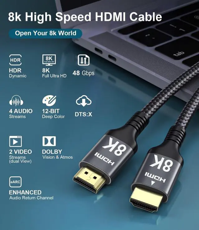 Alt view image 6 of 7 - 8K HDMI Cable 33 FT, HDMI to HDMI Cord with Ethernet CEC 4K 240Hz 165Hz 144Hz 120Hz 10K 8K 60Hz eARC eARC Netflix HDCP2.3 HDR10+ PC Laptop RTX5090 TV Monitor Projector X-Box PS5