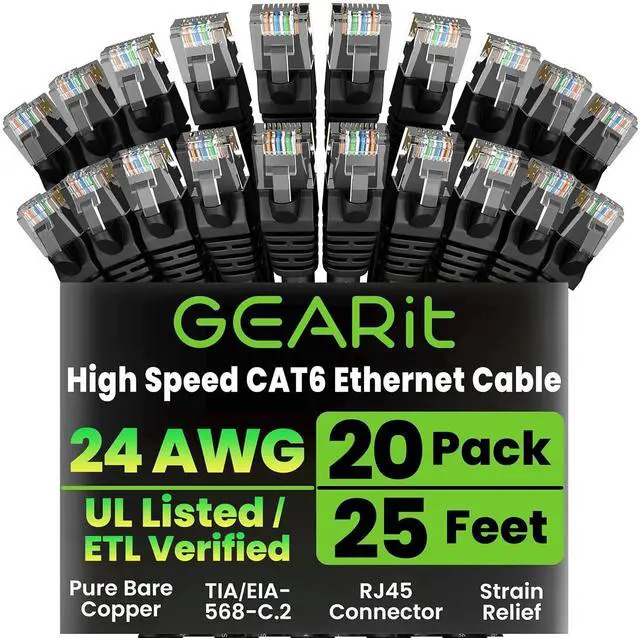 Main image of GEARit Cat 6 Ethernet Cable Pack - 20-Pack 25 ft Cat6 Ethernet Patch Cables | RJ45 Network Patch Cable, 10 Gbps Snagless Gold-Plated Connectors - Ethernet Cable Cat 6 for PC, TV, Router - Black