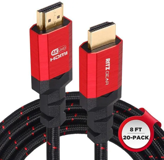 Main image of Ritz Gear 4K HDMI 2.0 Cable 8 ft. [20 Pack] 18 Gbps Ultra High Speed Braided Nylon Cord & Gold Connectors - 4K@60Hz/UHD/3D/2160p/1080p/ARC & Ethernet. Compatible with UHD TV/Monitor/PC/PS5/Xbox
