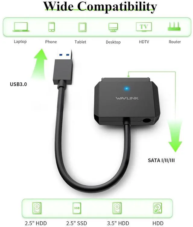 Alt view image 2 of 6 - WAVLINK SATA to USB Type-A Hard Drive Cable, 5Gbps USB3.0 to Sata Cable Support UASP, External Hard Drive SATA I/II/III Connector 2.5" SSD/HDD and 3.5" HDD up to 20TB