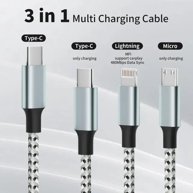 Alt view image 2 of 7 - USB C Multi Charging Cable, (2 Pack 4FT), 3 in 1 Charging Cable Nylon Braided Universal Charger Cable with Type-C, Micro USB,IP Port for iPhone16/15 Series/Cell Phones & Pads and Other Devices