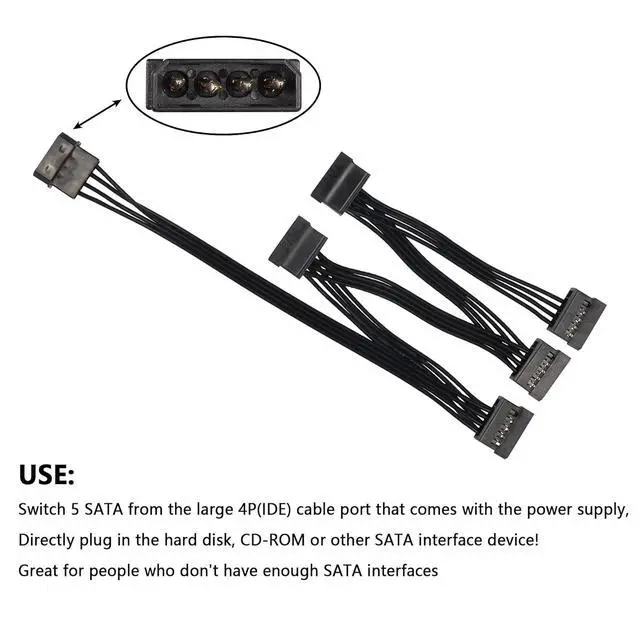 Alt view image 4 of 7 - SinLoon IDE to SATA Power Splitter Cable, LP4 4 Pin Male to 5 SATA Female Power Extension Hard Drive Cable,for HDD SSD and Optical Drives 18AWG-24cm