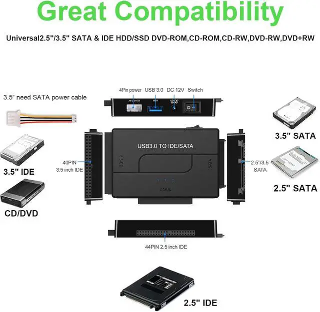 Alt view image 3 of 7 - SATA IDE to USB 3.0 Adapter for 2.5/3.5 HDD/SSD Hard Drive Disk, Hard Drive Reader Ultra Recovery Conveter Cable Universal Data Transfer SATA to USB Adapter with Power Supply