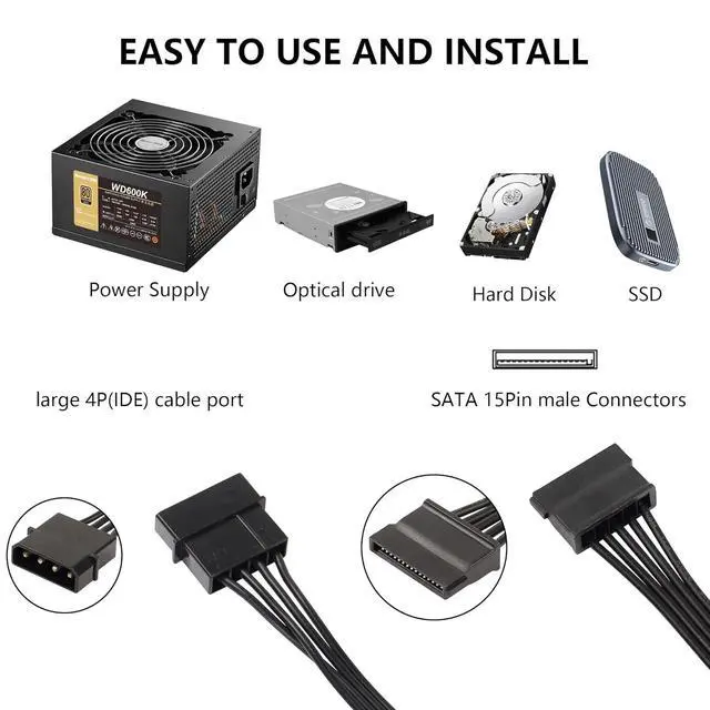 Alt view image 6 of 7 - SinLoon IDE to SATA Power Splitter Cable, LP4 4 Pin Male to 5 SATA Female Power Extension Hard Drive Cable,for HDD SSD and Optical Drives 18AWG-24cm