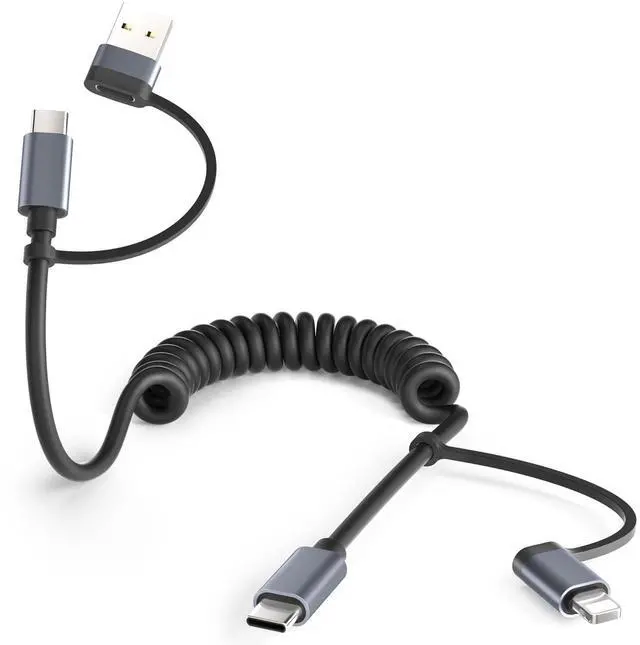 Main image of Basesailor for iPhone 17 16 Pro Max Car Charger Cord Coiled 3.3FT,4 in 1 USB C Coil 60W Multi Type C Fast Charging Cable with USB and Lightning Adapter for CarPlay,Apple 15 14 13 12,S25 S24,iPad Air 5