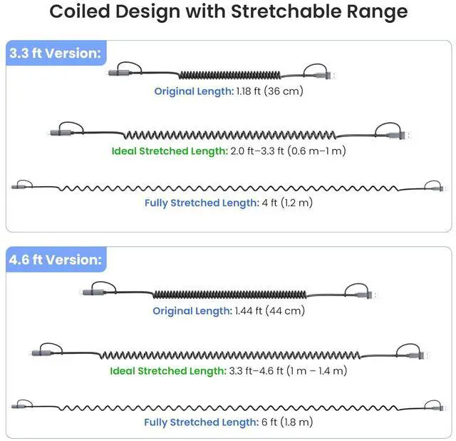 Alt view image 3 of 7 - Basesailor for iPhone 17 16 Pro Max Car Charger Cord Coiled 3.3FT,4 in 1 USB C Coil 60W Multi Type C Fast Charging Cable with USB and Lightning Adapter for CarPlay,Apple 15 14 13 12,S25 S24,iPad Air 5