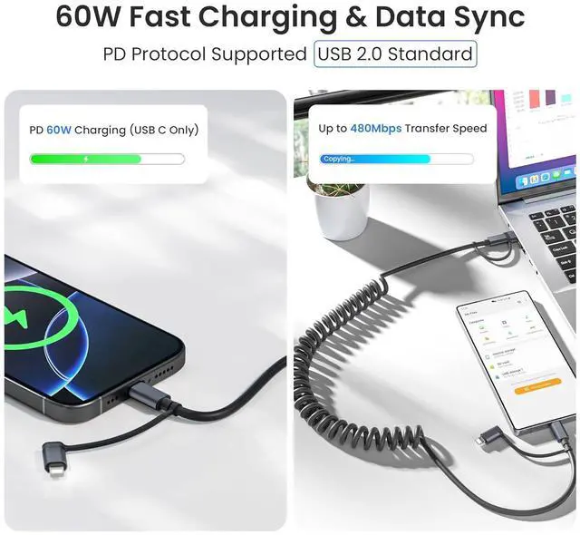 Alt view image 5 of 7 - Basesailor for iPhone 17 16 Pro Max Car Charger Cord Coiled 3.3FT,4 in 1 USB C Coil 60W Multi Type C Fast Charging Cable with USB and Lightning Adapter for CarPlay,Apple 15 14 13 12,S25 S24,iPad Air 5