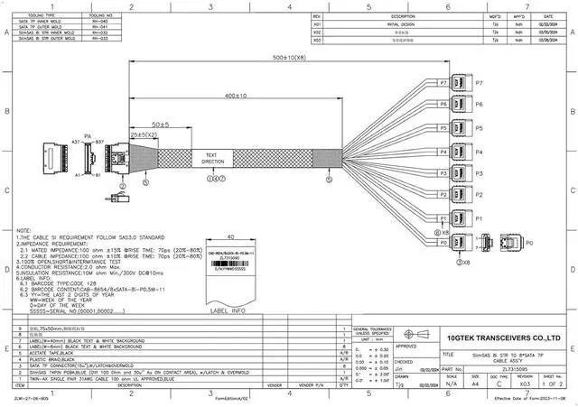 Alt view image 4 of 5 - 10Gtek SlimSAS 8i to 8xSATA Cable, SFF-8654 Host to 8 SATA Drives, SAS 3.0 Compatible, RAID Expansion for Servers & Storage Arrays, 0.5m(1.6ft)