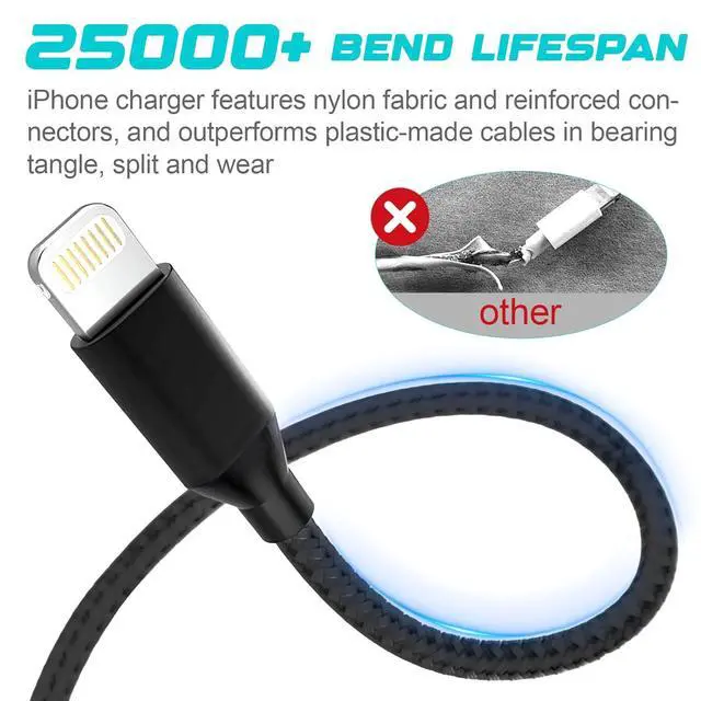 Alt view image 2 of 7 - 3Pack MFi Certified iPhone Charger Cord 6ft Nylon Braided Lightning Cable Fast Charging Durable 25K+ Bend for iPhone 14/13/12/11 Pro Max/XS MAX/XR/XS/X/8/iPad/iPod(Black)