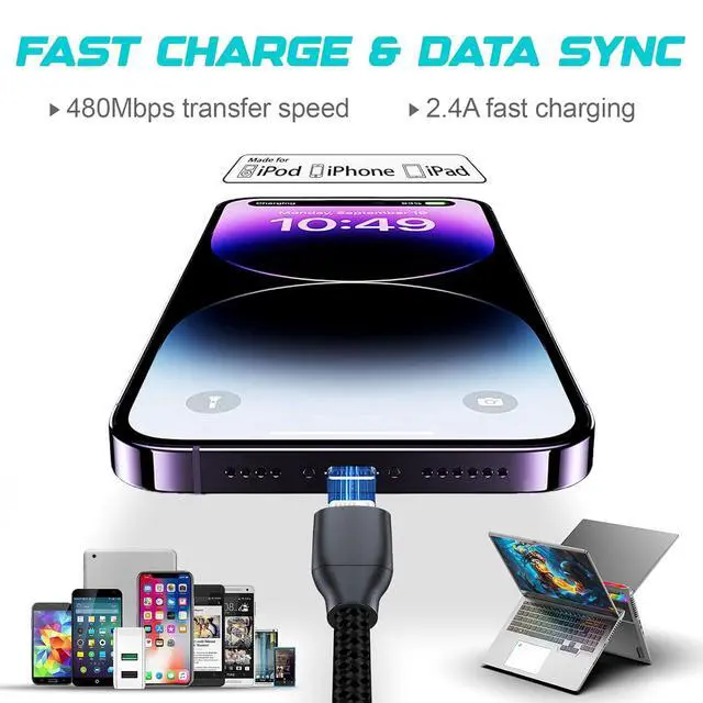 Alt view image 3 of 7 - 3Pack MFi Certified iPhone Charger Cord 6ft Nylon Braided Lightning Cable Fast Charging Durable 25K+ Bend for iPhone 14/13/12/11 Pro Max/XS MAX/XR/XS/X/8/iPad/iPod(Black)