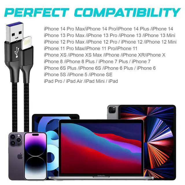 Alt view image 7 of 7 - 3Pack MFi Certified iPhone Charger Cord 6ft Nylon Braided Lightning Cable Fast Charging Durable 25K+ Bend for iPhone 14/13/12/11 Pro Max/XS MAX/XR/XS/X/8/iPad/iPod(Black)