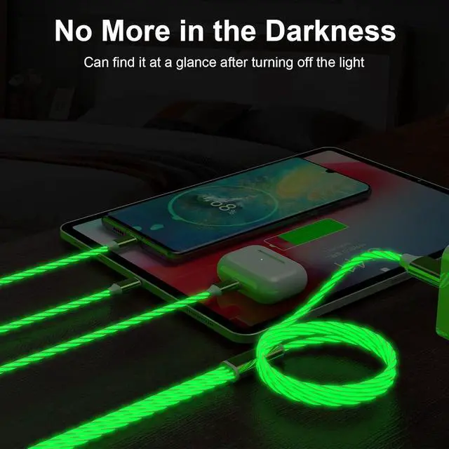 Alt view image 5 of 7 - 3-in-1 Multi USB Universal Flowing LED Light Up Phone Charge Cable Lightning+Type C+Micro USB Glowing Charger Connector Cord for iPhone 14/13/12 Pro Max/XR/XS/8 7/SE,iPad/LG/Samsung/Pixel(4FT Green)