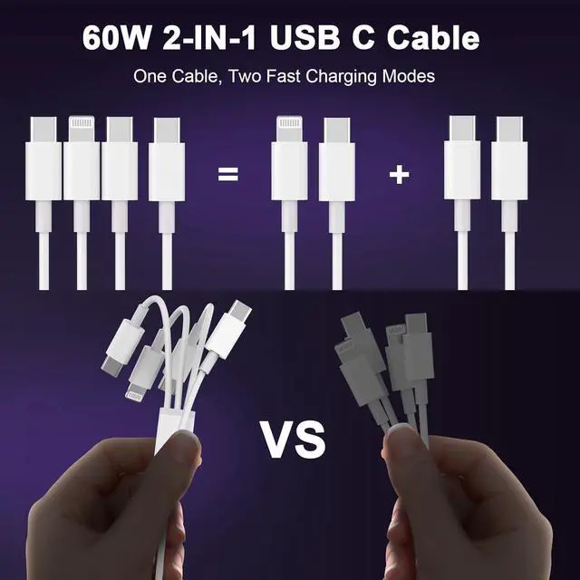 Alt view image 2 of 7 - 3 in 1 USB C to USB C/Lightning Cable Compatible for iPhone 17 16 15 14 13 12 11 XS XR X 8, 2 Pack 60W Type C Multiple Charging with Lightning/2 Type C Port iPhone Charger Cord Fast Charging Cable 6FT