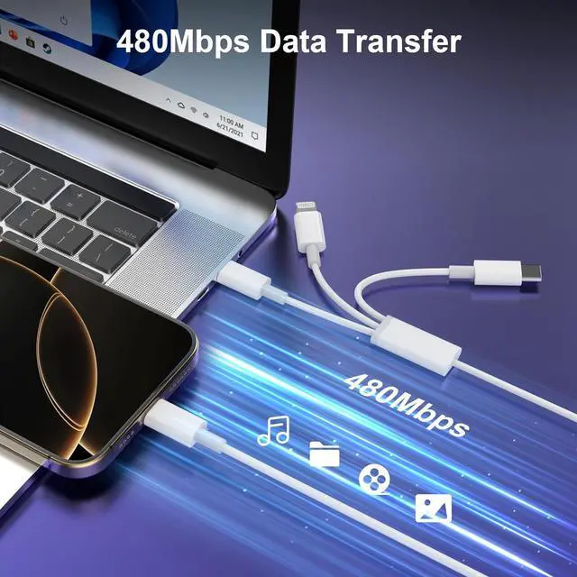 Alt view image 4 of 7 - 3 in 1 USB C to USB C/Lightning Cable Compatible for iPhone 17 16 15 14 13 12 11 XS XR X 8, 2 Pack 60W Type C Multiple Charging with Lightning/2 Type C Port iPhone Charger Cord Fast Charging Cable 6FT