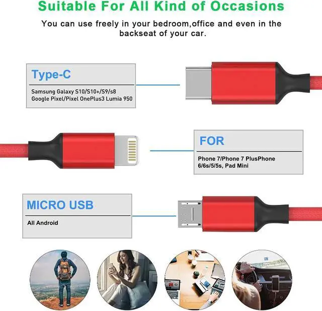 Alt view image 2 of 7 - Multi 3 in 1 USB Extra Long Cable, 3M/10Ft Nylon Braided Universal Phone Charger Cord Type C/Micro USB/iPhone Lightning Connector for Android/Tablets/Samsung S8/LG/Pixel/Huawei and More (Red)