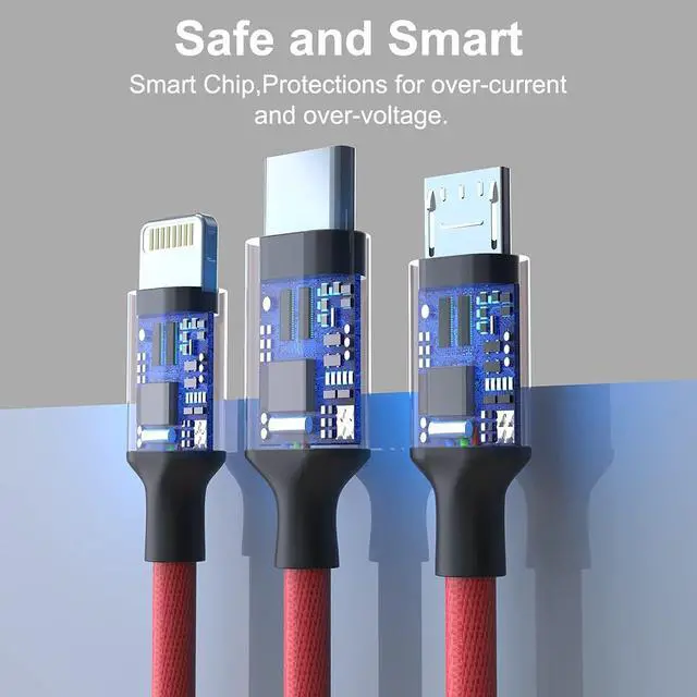 Alt view image 5 of 7 - Multi 3 in 1 USB Extra Long Cable, 3M/10Ft Nylon Braided Universal Phone Charger Cord Type C/Micro USB/iPhone Lightning Connector for Android/Tablets/Samsung S8/LG/Pixel/Huawei and More (Red)