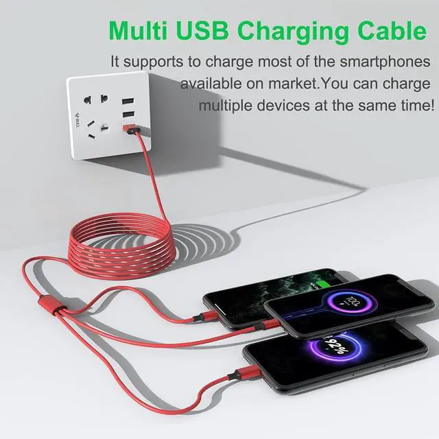 Alt view image 3 of 7 - Multi 3 in 1 USB Extra Long Cable, 3M/10Ft Nylon Braided Universal Phone Charger Cord Type C/Micro USB/iPhone Lightning Connector for Android/Tablets/Samsung S8/LG/Pixel/Huawei and More (Red)