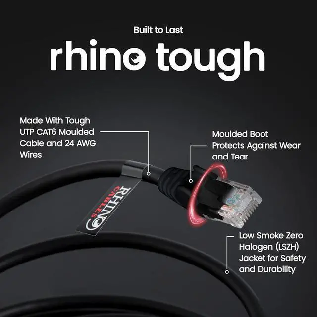 Alt view image 4 of 7 - rhinocables CAT 6 High-Speed Gigabit Ethernet Cable - Patch Network Lead for LAN| Snagless UTP with LSZH Jacket | RJ45 Connector - Internet, Router, Modem, Smart TV, PC & More (80ft, Black)