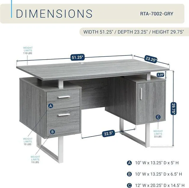 Alt view image 3 of 7 - Techni Mobili Office Desk with Storage Drawers and Cabinet 51.25 W - Modern Office Desk with Large Floating Desktop Surface