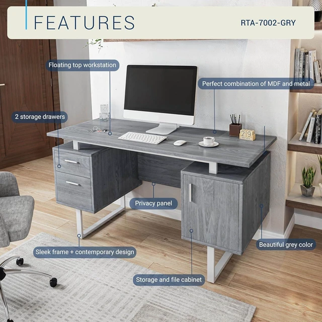 Alt view image 4 of 7 - Techni Mobili Office Desk with Storage Drawers and Cabinet 51.25 W - Modern Office Desk with Large Floating Desktop Surface