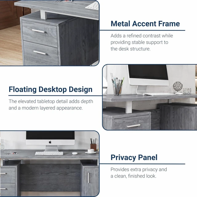 Alt view image 7 of 7 - Techni Mobili Office Desk with Storage Drawers and Cabinet 51.25 W - Modern Office Desk with Large Floating Desktop Surface