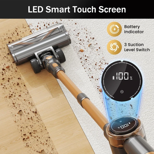 Alt view image 6 of 7 - Cordless Vacuum Cleaner, 10-in-1 Lightweight Stick Vacuum with 45mins Runtime, Powerful Suction, LED Touch Screen, Rechargeable Vacuum Cleaners for Home Hardwood Floor Carpet Pet Hair (Gold)