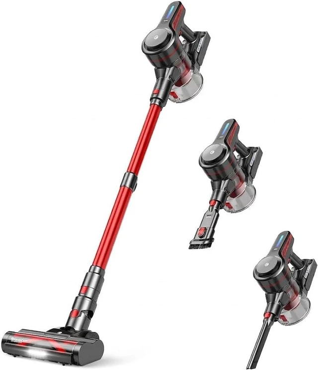 Main image of CHEBIO Lightweight Cordless Vacuum Cleaners for Home, Stick Vacuum Cordless Rechargeable with 45kPa Suction,45-Min Run,Anti-Tangle and Self-Stand, 6 in 1 Hardwood Vacuum Cleaner (red)