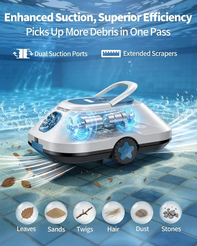 Alt view image 2 of 7 - 2026 Upgrade Robotic Pool Cleaner,Cordless Automatic Pool Cleaner with 210-Min Runtime,Pool Vacuum for Above Ground & Inground Pools,Coverage up to 2200 Sq.Ft,Easy Retrieve,Smart Parking,Light Blue