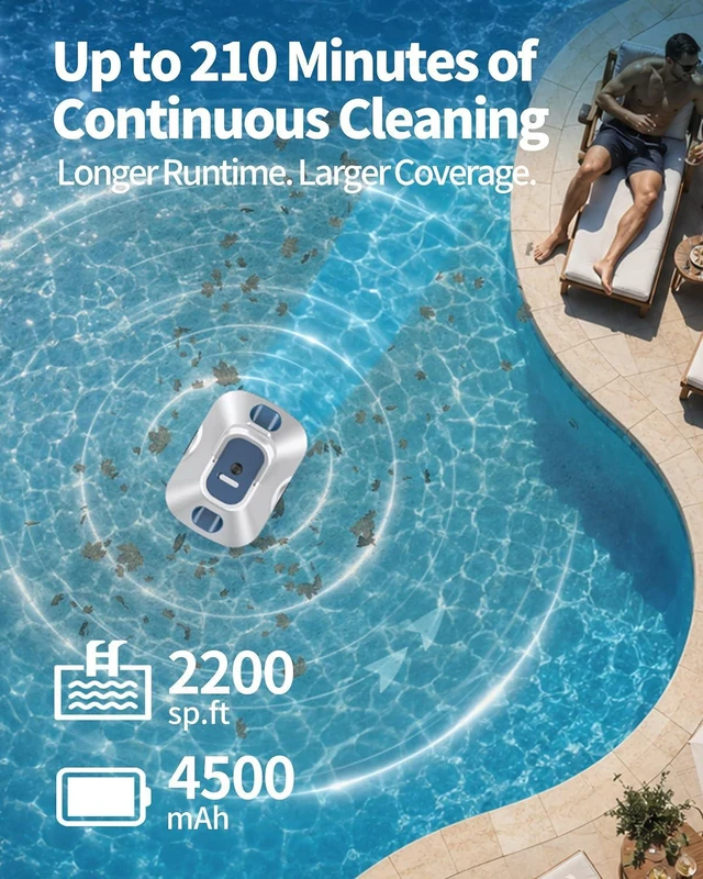 Alt view image 3 of 7 - 2026 Upgrade Robotic Pool Cleaner,Cordless Automatic Pool Cleaner with 210-Min Runtime,Pool Vacuum for Above Ground & Inground Pools,Coverage up to 2200 Sq.Ft,Easy Retrieve,Smart Parking,Light Blue