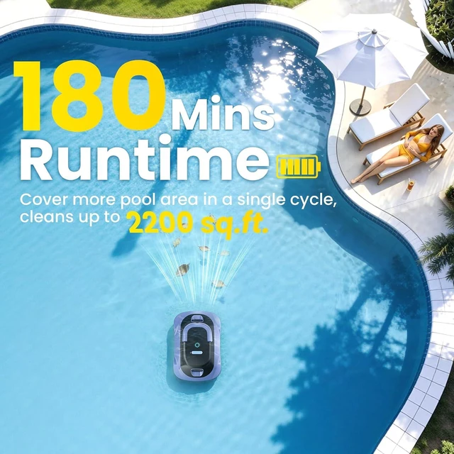 Alt view image 2 of 7 - (2026 Upgrade) Cordless Robotic Pool Cleaner, Automatic Pool Vacuum for Above Ground & Inground Pools, 180-Min Runtime, 3L Basket for Leaves & Debris, Auto-Parking, Powerful Suction up to 2200 Sq.Ft