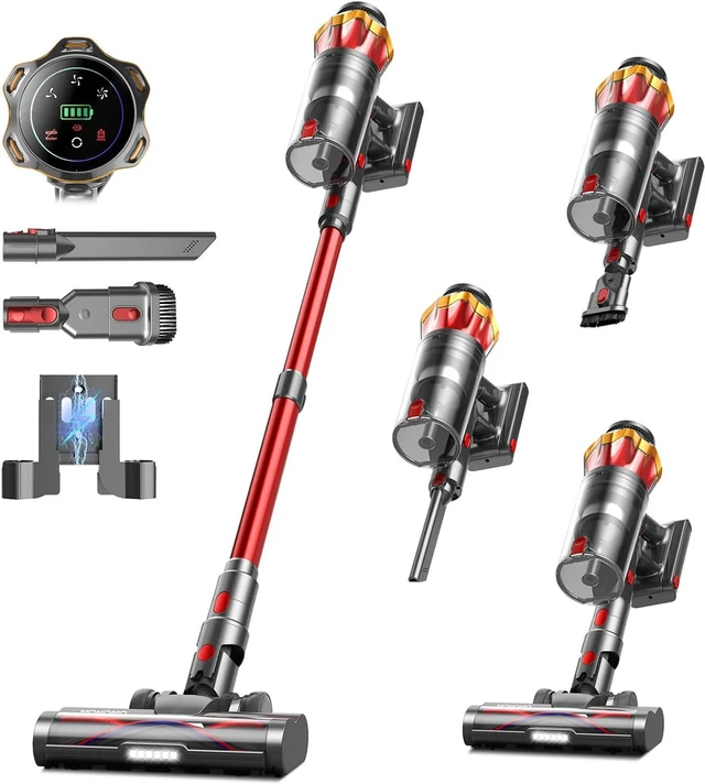 Main image of Cordless Vacuum Cleaner, 650W/55KPa 70Mins Vacuum Cleaners for Home, Self-Standing Stick Vacuum with Anti-Tangle Brush & OLED Touch Screen, Vacuum Cleaner for Hardwood Floors,Carpet,Pet Hair,Car (Red)