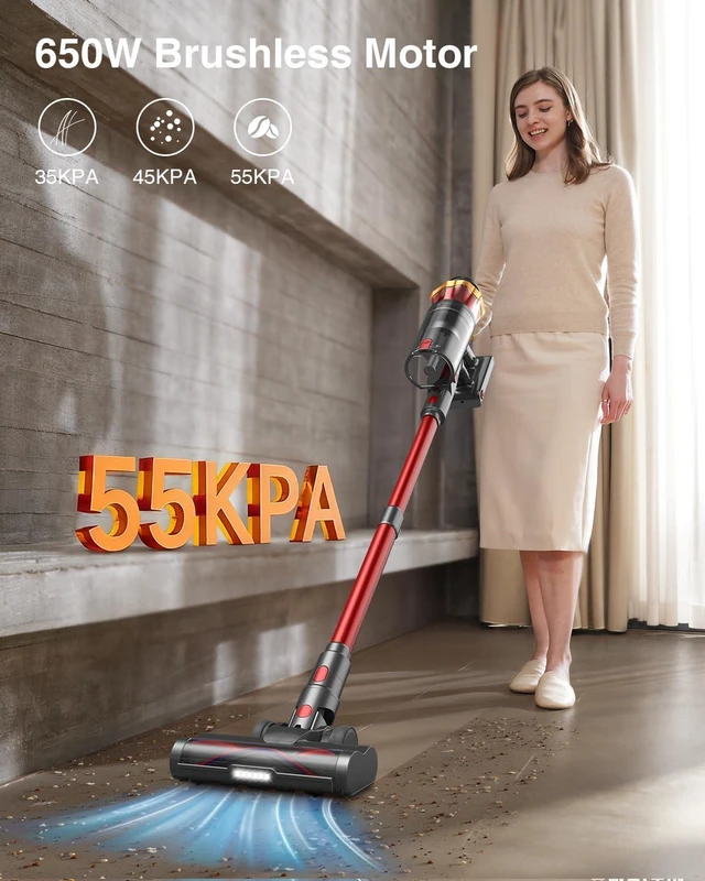 Alt view image 2 of 7 - Cordless Vacuum Cleaner, 650W/55KPa 70Mins Vacuum Cleaners for Home, Self-Standing Stick Vacuum with Anti-Tangle Brush & OLED Touch Screen, Vacuum Cleaner for Hardwood Floors,Carpet,Pet Hair,Car (Red)