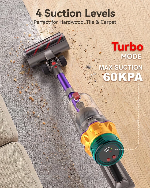 Alt view image 5 of 7 - Cordless Vacuum Cleaner, Upgraded 650W 60KPA 70Mins XL Dust Cup Stick Vacuum, Vacuum Cleaner with Self-Standing and LED Screen, Rechargeable Vacumm Cleaners for Home/Pet Hair/Carpets/Floors