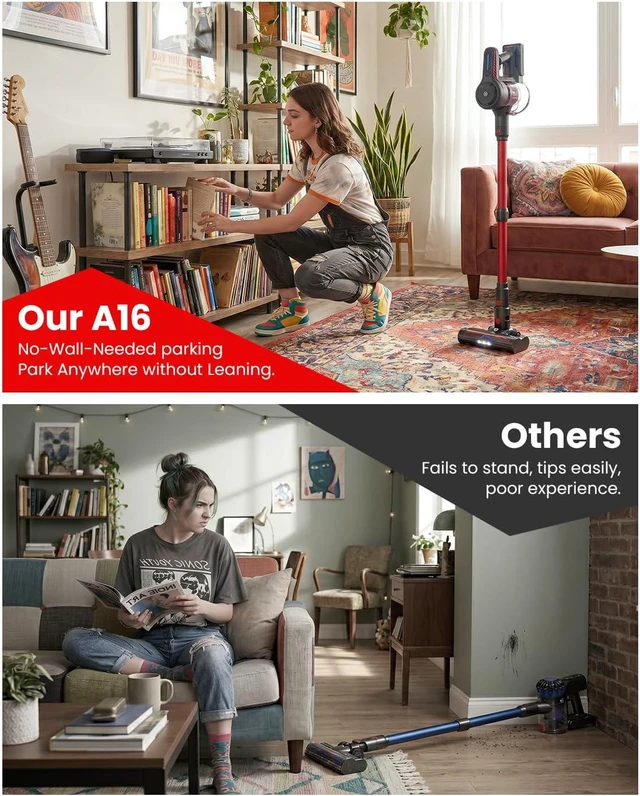 Alt view image 3 of 7 - CHEBIO Lightweight Cordless Vacuum Cleaners for Home, Stick Vacuum Cordless Rechargeable with 45kPa Suction,45-Min Run,Anti-Tangle and Self-Stand, 6 in 1 Hardwood Vacuum Cleaner (red)