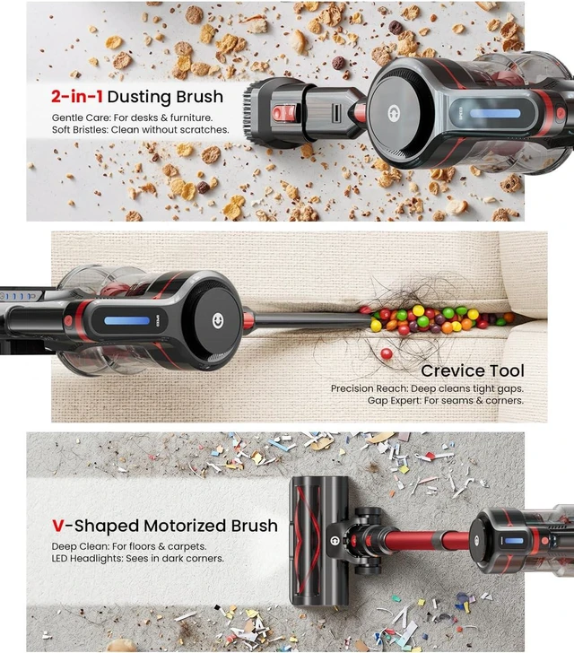 Alt view image 5 of 7 - CHEBIO Lightweight Cordless Vacuum Cleaners for Home, Stick Vacuum Cordless Rechargeable with 45kPa Suction,45-Min Run,Anti-Tangle and Self-Stand, 6 in 1 Hardwood Vacuum Cleaner (red)
