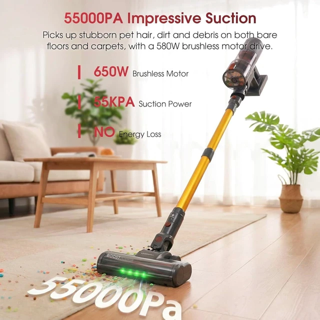 Alt view image 2 of 7 - Cordless Vacuum Cleaner, 650W 55KPA 70Mins Stick Vacuum Cleaners for Home, Anti-Tangle Vacuum Cordless with Touch Screen and 1.8L Cup, Self-Standing Vacuum Cleaner for Home/Pet Hair/Carpets/Floors
